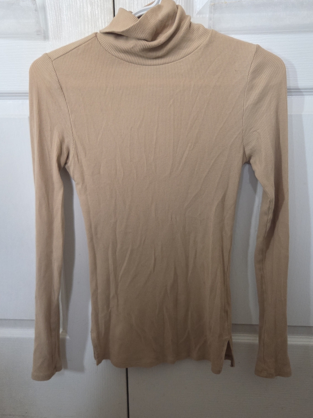 Women's Beige Ribbed Turtleneck Long Sleeve Top